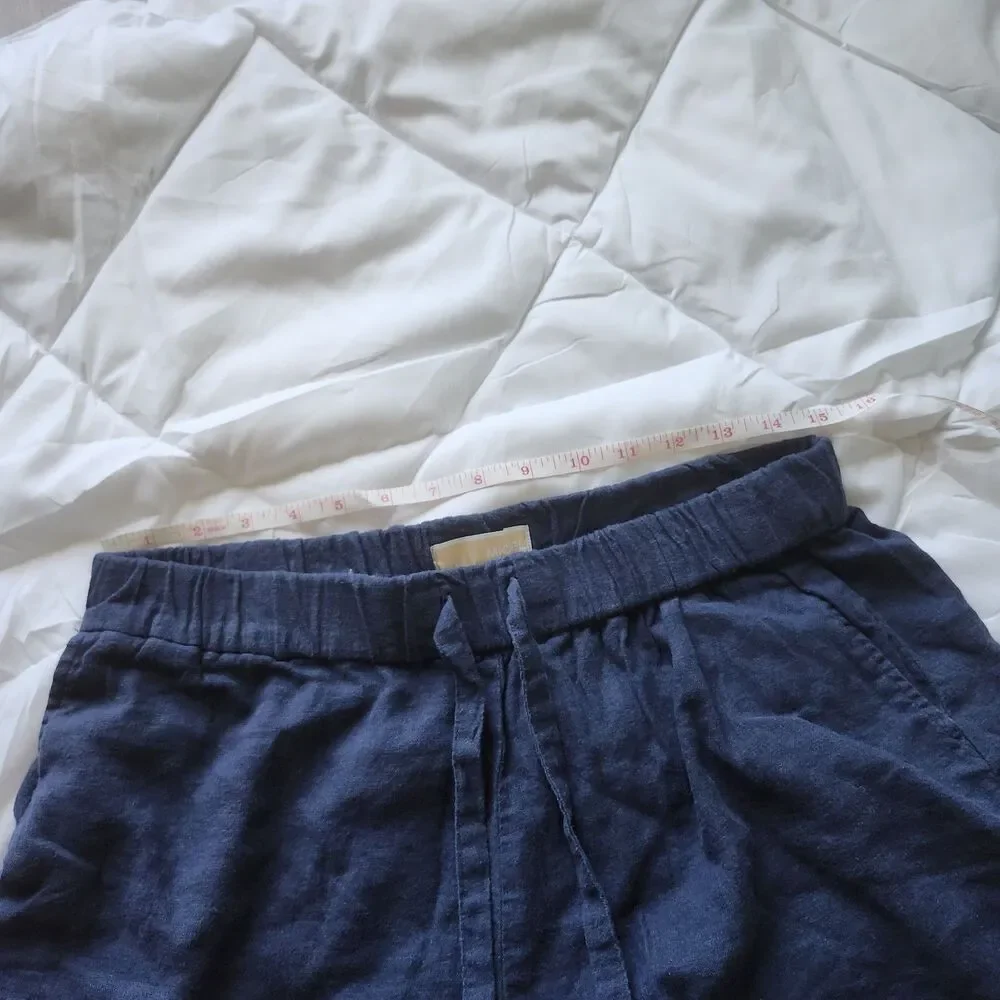 Michael Kors Navy Linen Blend Drawstring Elastic Waist Shorts Pockets Size M